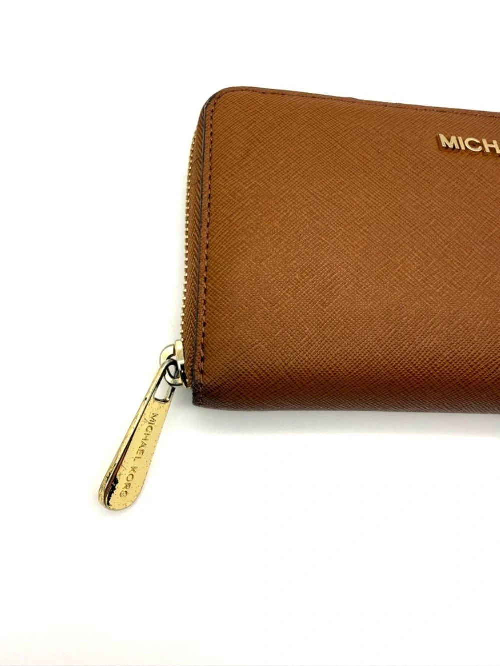 Michael Kors Jet Set Saffiano Zip Around Wallet Brown and Gold